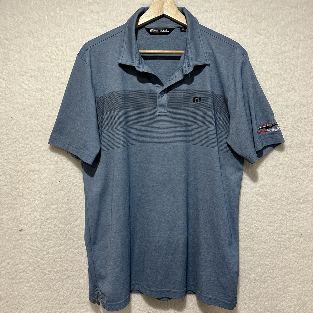 Travis Mathew Coastal Chest‎ Logo Stripe Polo Opal Blue Heather Shirt Size Large